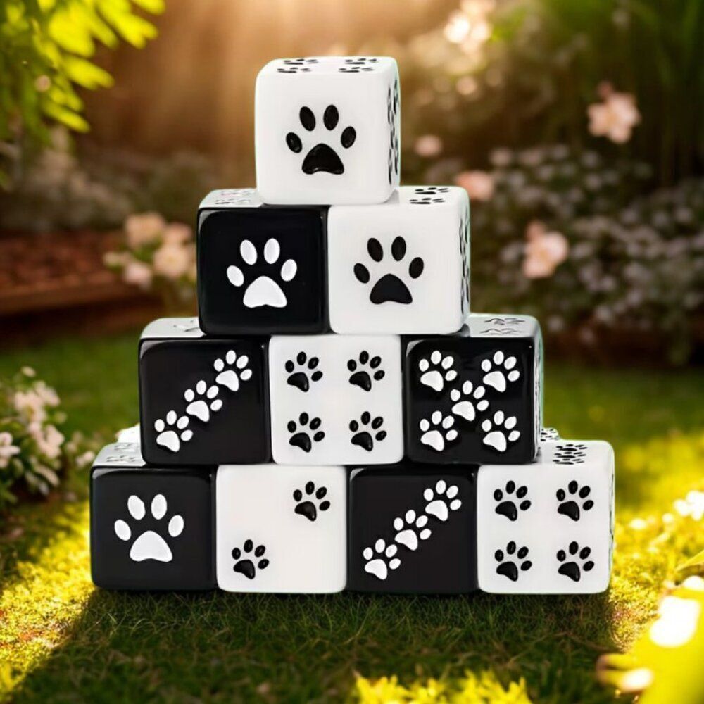 Paw Print Dice Design Perfect for Pet Lovers Board Games Black & White Set of 6